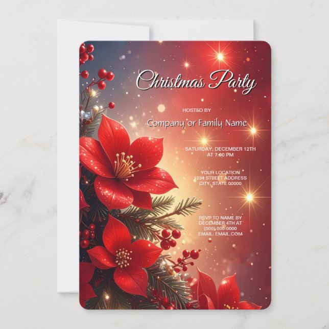 Invitación de fiesta de Navidad floral roja (Anverso)