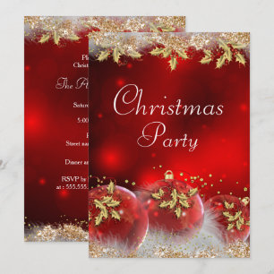 Invitación de fiesta de Navidad Holly Baubles rojo