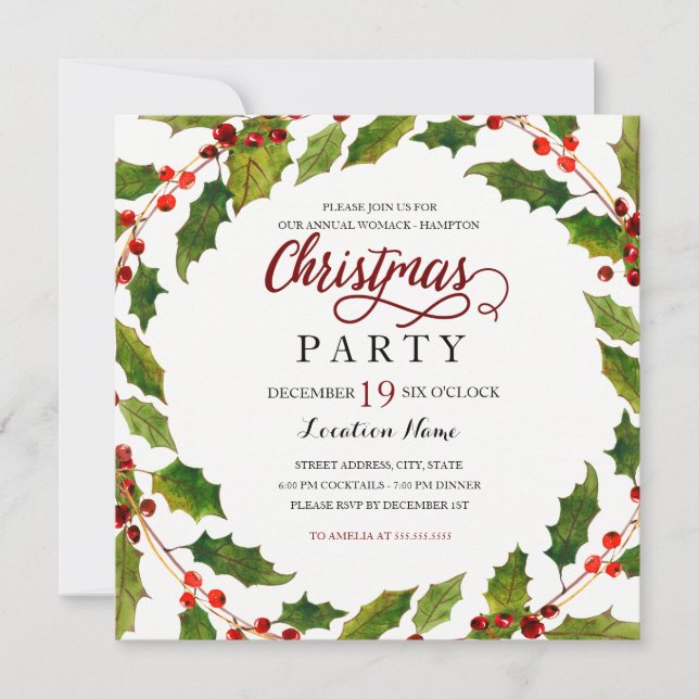 Invitación de fiesta de Navidad Holly Flourish roj (Anverso)