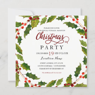 Invitación de fiesta de Navidad Holly Flourish roj