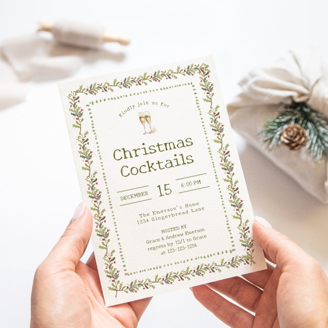Invitación de fiesta de Navidad verde botánica rús (Rustic Botanical Green Holiday Christmas Party Cocktails Invitation by Painted Paperie
)