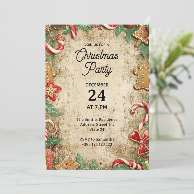 Invitación de fiesta de Navidad vintage (Anverso de pie)