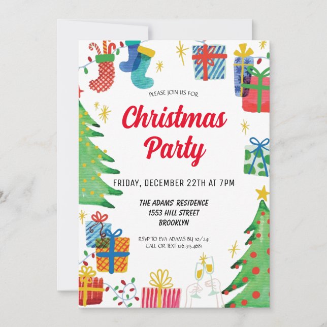 Invitación de fiesta de Navidades de acuarela (Anverso)