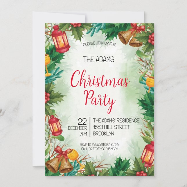 Invitación de fiesta de Navidades de acuarela (Anverso)