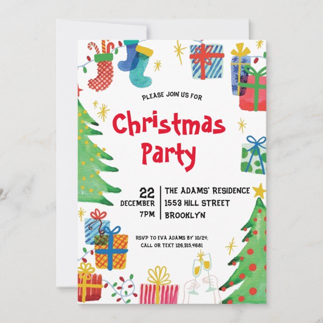 Invitación de fiesta de Navidades de acuarela (Anverso)