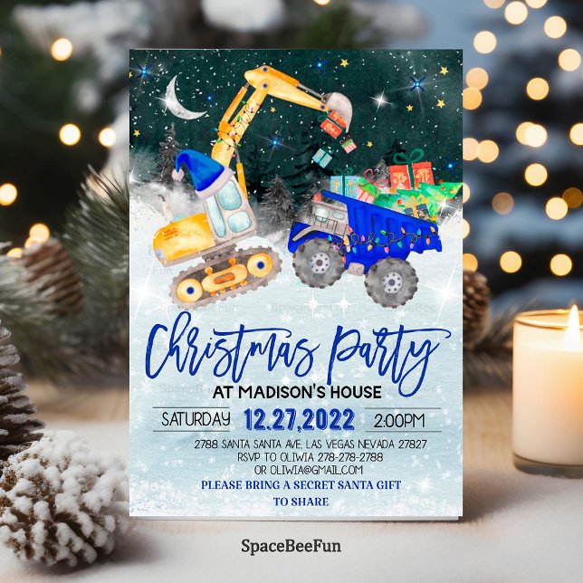 Invitación de Fiesta de Navidades de camiones Exca (Truck Christmas Party Excavator invitation Birthday Christmas Party Car invitation Holiday card invi)
