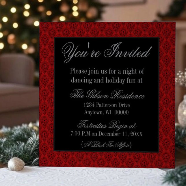 Invitación de Fiesta de Navidades de Damasco radia (Red Radiant Damask Christmas Party Invitation)