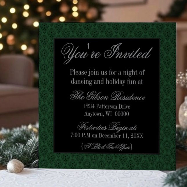 Invitación de Fiesta de Navidades de Damasco radia (Dark Green Radiant Damask Christmas Party Invitation)