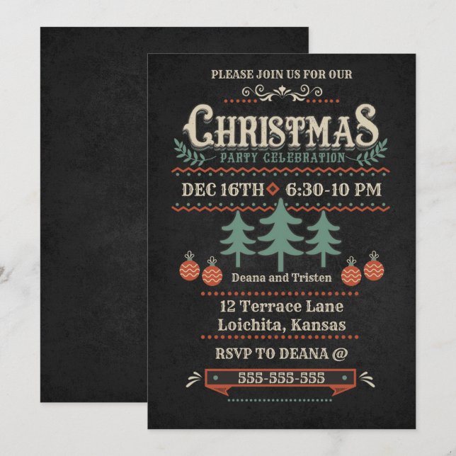 Invitación de fiesta de Navidades de estilo vintag (Anverso / Reverso)