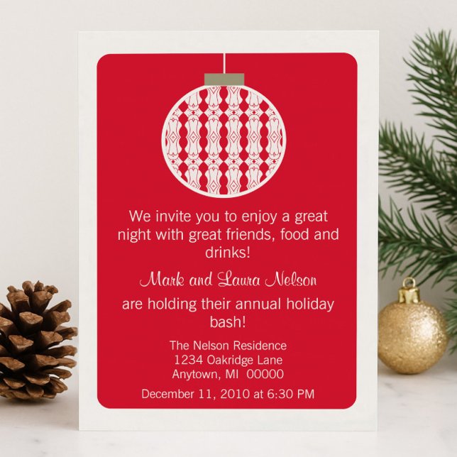 Invitación de Fiesta de Navidades de ornamentos de (Red Art Deco Ornament Christmas Party Invitation)