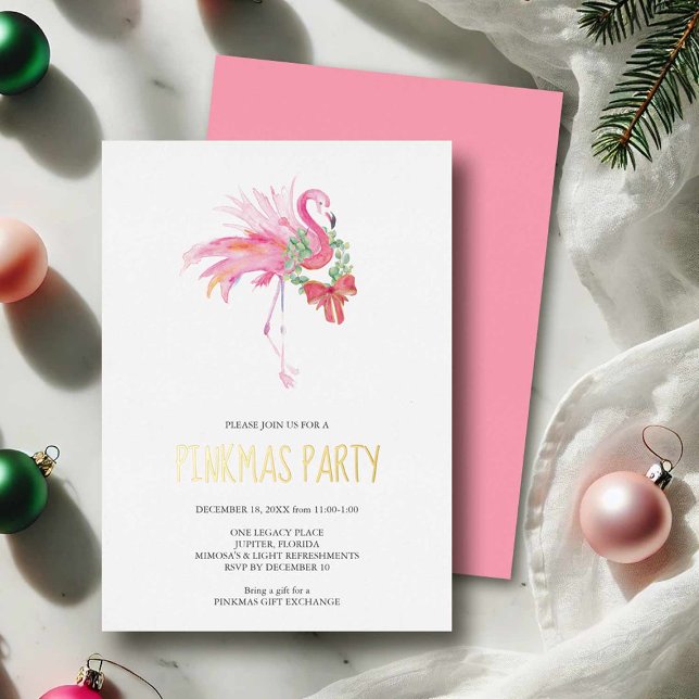 Invitación de fiesta de Navidades de Palm Beach (Florida Christmas holiday party invitation features Pinkmas Party in foil press printing & flamingo)