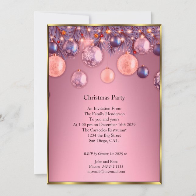 Invitación de fiesta de navidades en baudias rosad (Anverso)