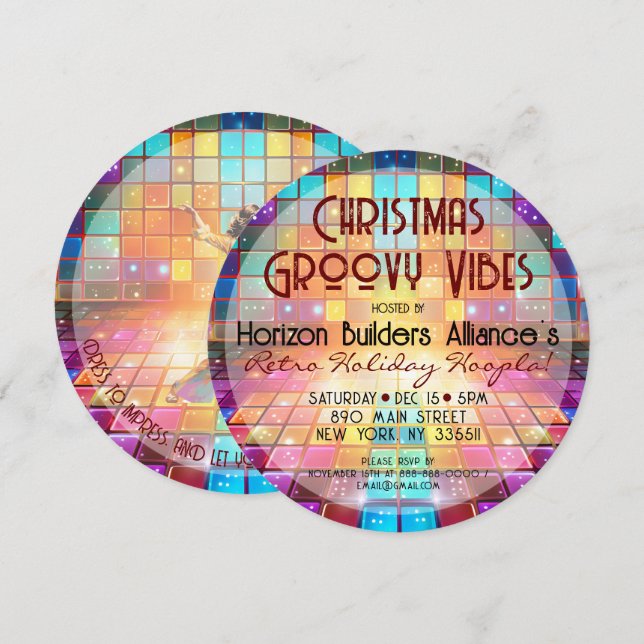 Invitación de fiesta de navidades Retro Groovy Vib (Anverso / Reverso)