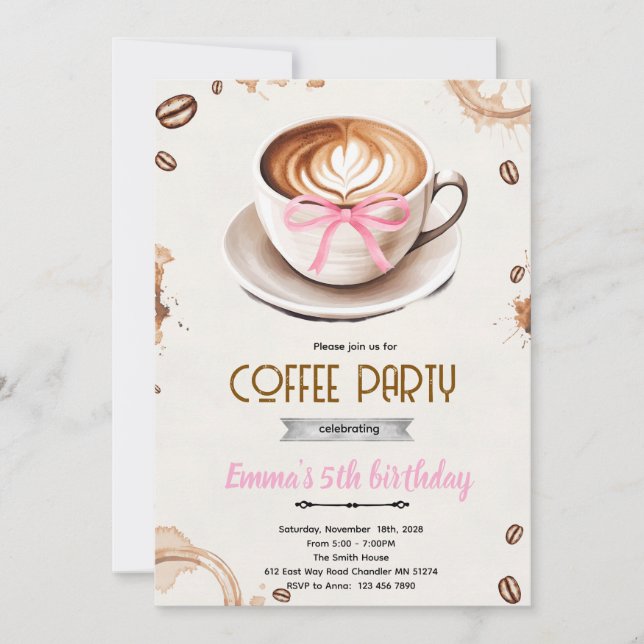 invitación de fiesta de niña con tema de café (Anverso)