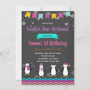 Invitación de fiesta de niña pingüino linda