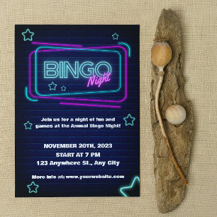 Invitación de fiesta de noche de bingo Navy y Neon