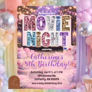 Invitación de fiesta de noche de cine rosa púrpura