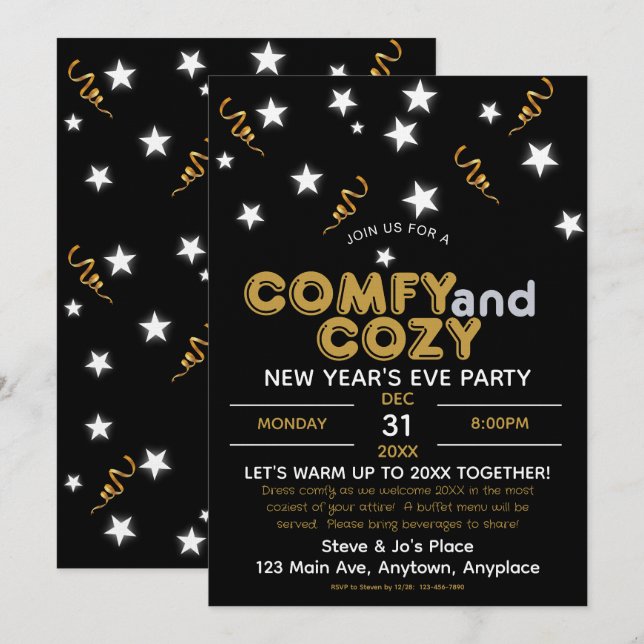 Invitación de fiesta de Nochevieja cómoda y acoged (Anverso / Reverso)