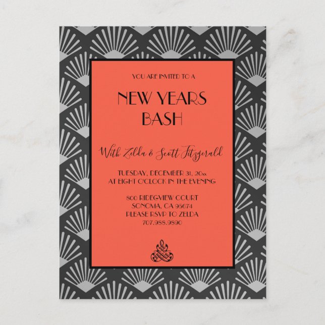 Invitación de fiesta de Nochevieja con arte Deco V (Anverso)