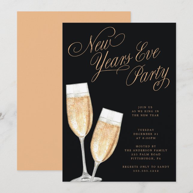 Invitación de fiesta de Nochevieja con brindis de  (Anverso / Reverso)