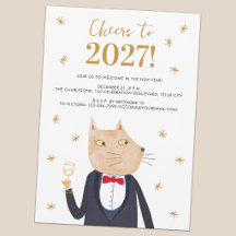 Invitación de fiesta de Nochevieja con gato en esm