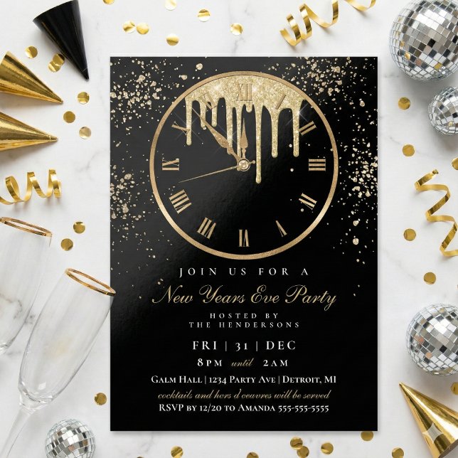 Invitación de fiesta de Nochevieja de reloj que go (Elegant and Modern New Years Eve Party Clock Invitation)