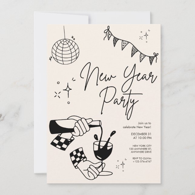 Invitación de fiesta de Nochevieja dibujada (Anverso)