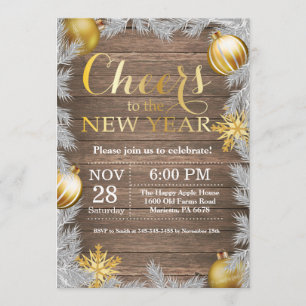 Invitación de fiesta de Nochevieja en oro rústico
