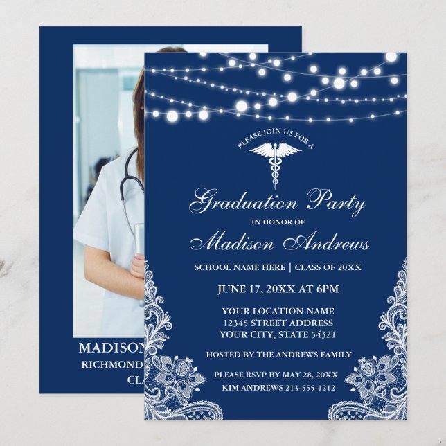 Invitación de Fiesta de Nurse Lace Blue Grad - Fot (Anverso / Reverso)