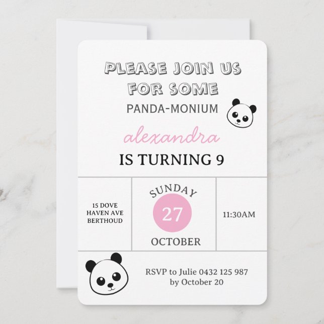 Invitación de fiesta de oso panda lindo – Personal (Reverso)
