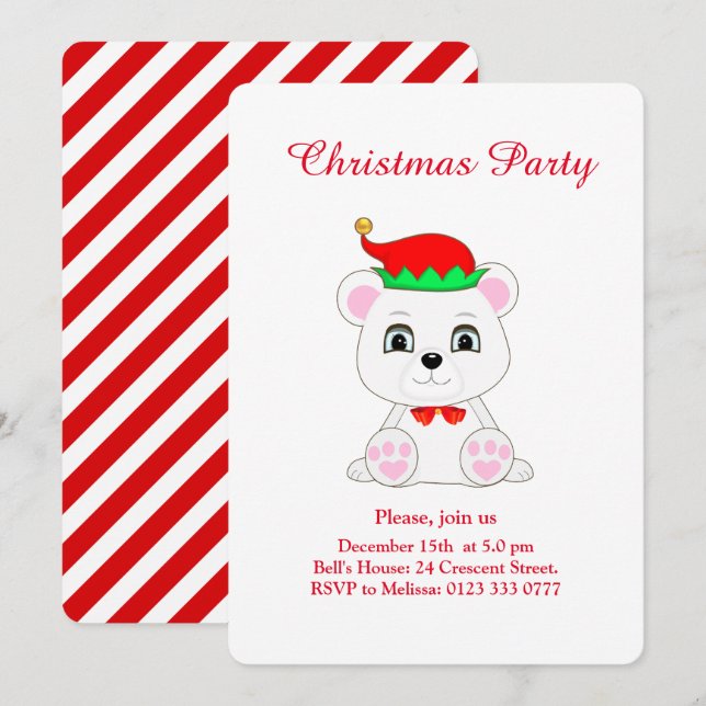 Invitación de fiesta de oso polar de Navidad en bl (Anverso / Reverso)