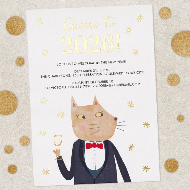 Invitación de fiesta de papel de aluminio para Noc (Gold foil personalized text suave sophisticated cat humor New Year's Party 2026 invitation)