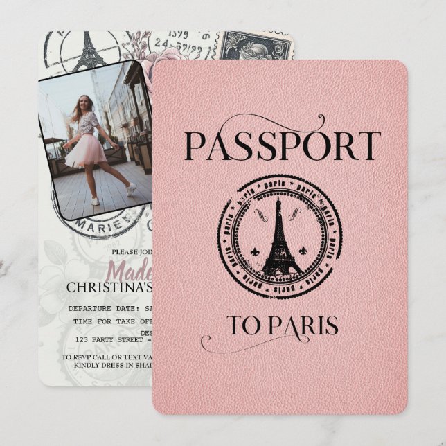 Invitación de Fiesta de pasaporte de París rosa (Anverso / Reverso)