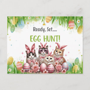 Invitación de fiesta de Pascua con gato y huevos d