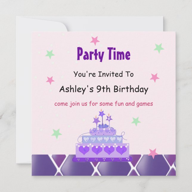 Invitación de fiesta de pastel de princesa púrpura (Anverso)