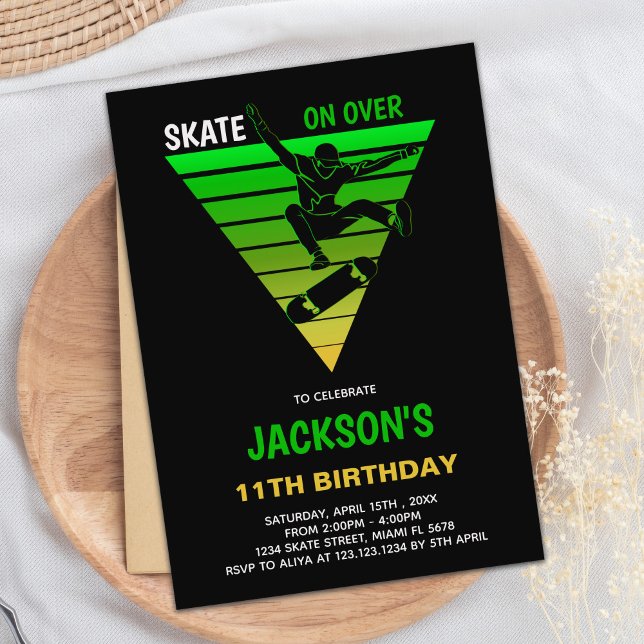 Invitación de Fiesta de patinaje para niños (Yellow Green Skateboards Birthday Invitations)