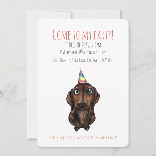 Invitación de fiesta de perro salchicha personaliz (Anverso)