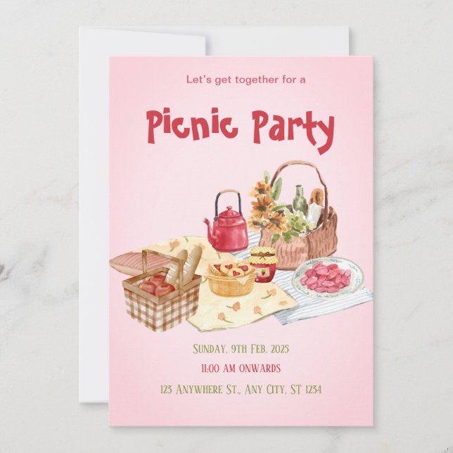 Invitación de fiesta de picnic rosa roja (Anverso)