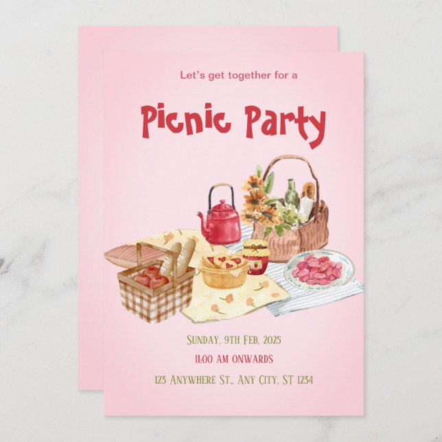 Invitación de fiesta de picnic rosa rojo (Anverso / Reverso)