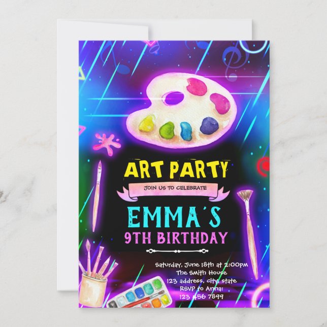 invitación de fiesta de pintura con brillo de neón (Anverso)