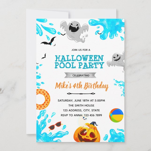 invitación de fiesta de piscina de Halloween (Anverso)