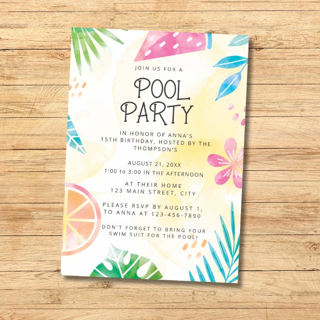 Invitación de fiesta de piscina de verano en acuar (Subido por el creador)