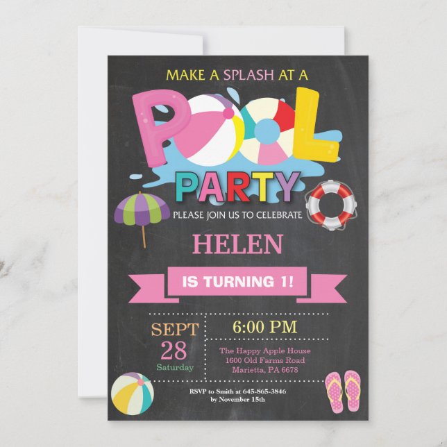 Invitación de fiesta de piscina de verano Salpica  (Anverso)