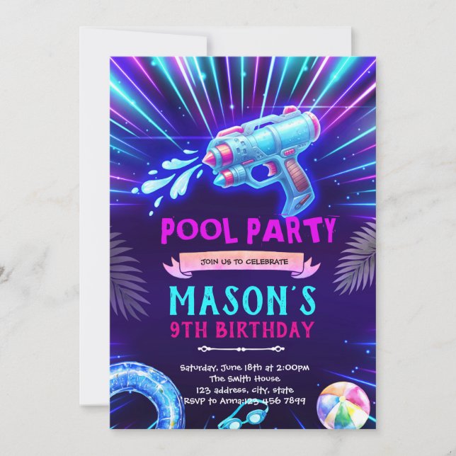 Invitación de fiesta de pistola de agua de neón (Anverso)