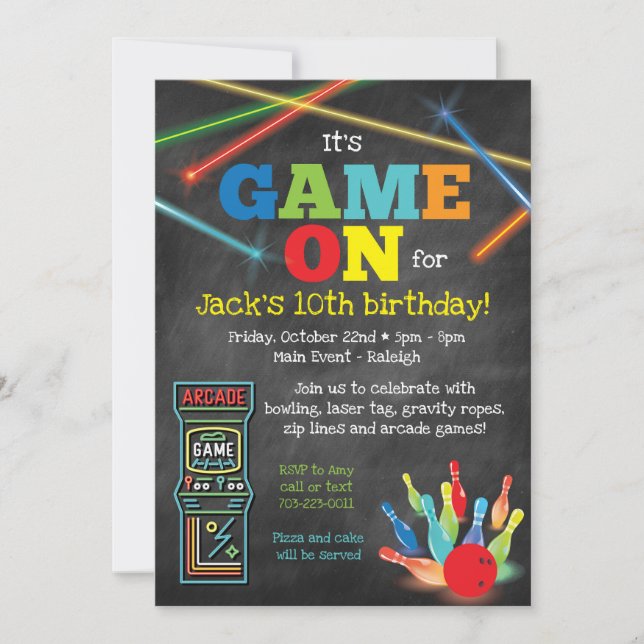 Invitación de fiesta de pizarra de bolos de Game O (Anverso)