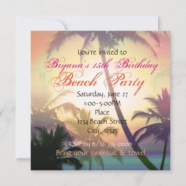 Invitación de fiesta de playa con palmeras de calo (Anverso)