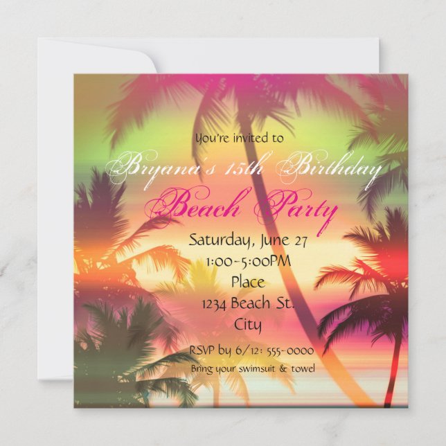 Invitación de fiesta de playa con palmeras de calo (Anverso)