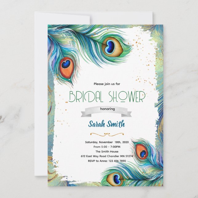 invitación de fiesta de pluma de pavo real (Anverso)
