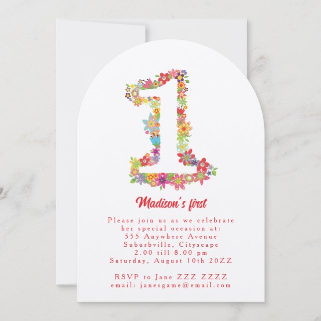 Invitación de Fiesta de primer cumpleaños de la fl (Anverso)
