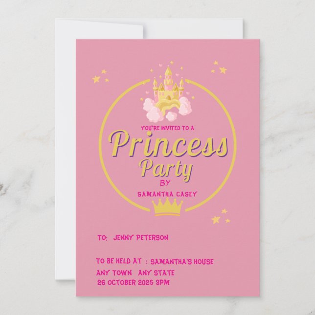 Invitación de fiesta de princesa elegante rosa y d (Anverso)